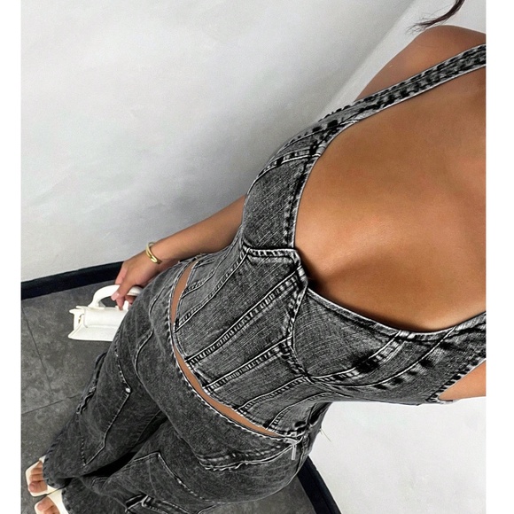 Vintage Black Denim zip up Bustier Crop Top - Picture 2 of 5